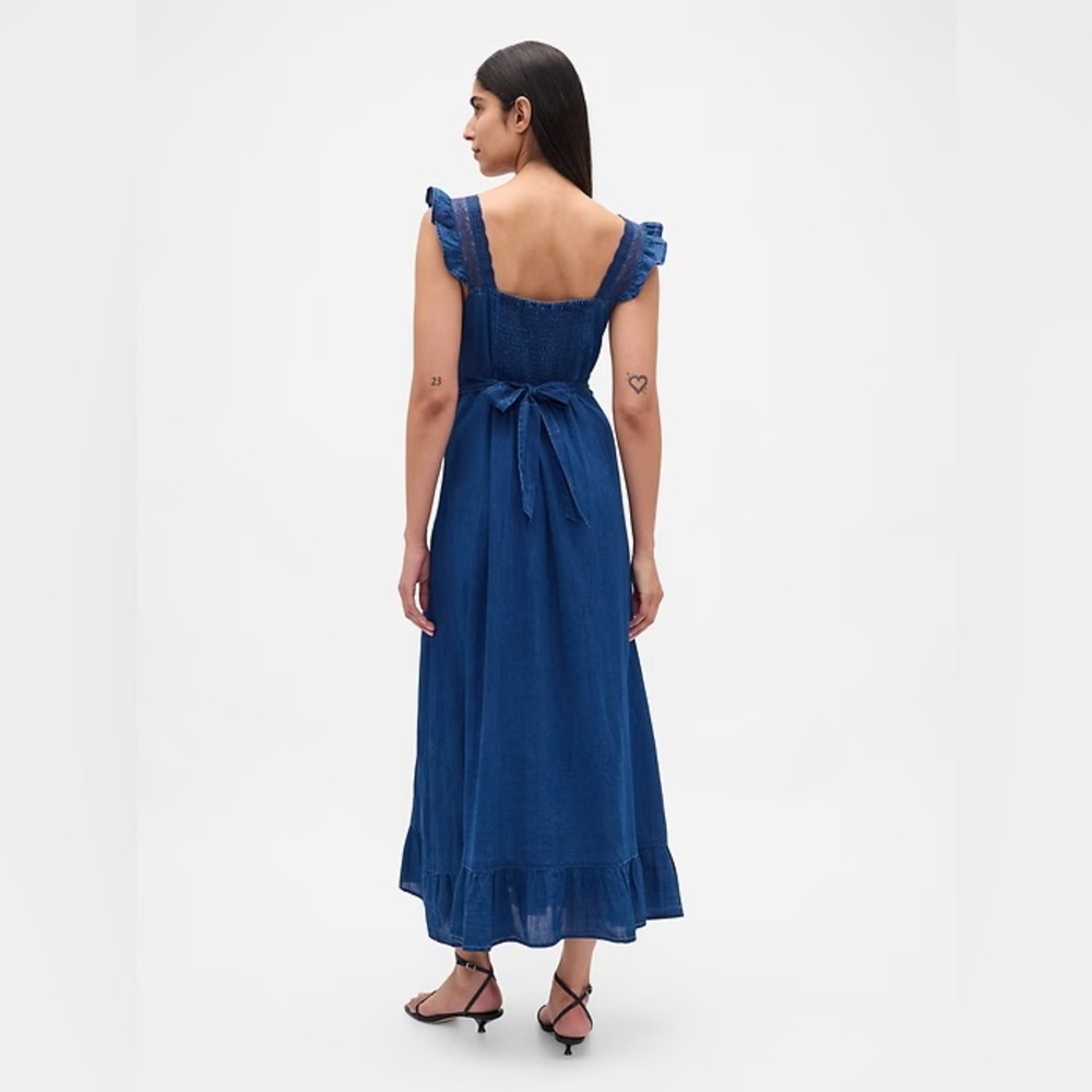 NWT! GAP Indigo Ruffle-Trim Maxi Dress - Size SMALL PETITE 🚦 - Picture 2 of 6